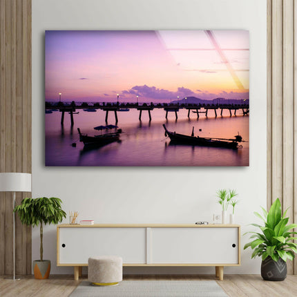 Pink Lake & Boats Glass Wall Art