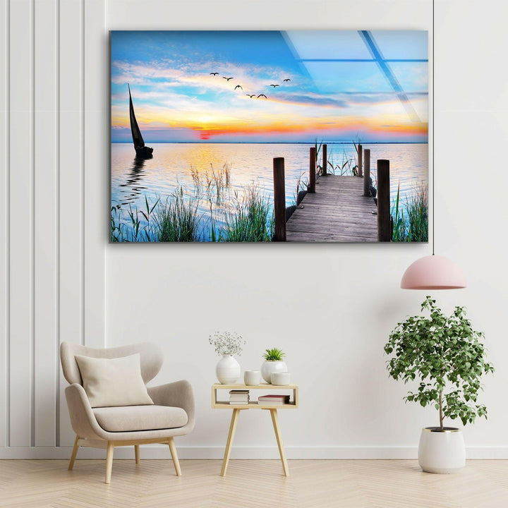 Sunset Birds Pier Glass Wall Art large glass photo prints, glass wall photos