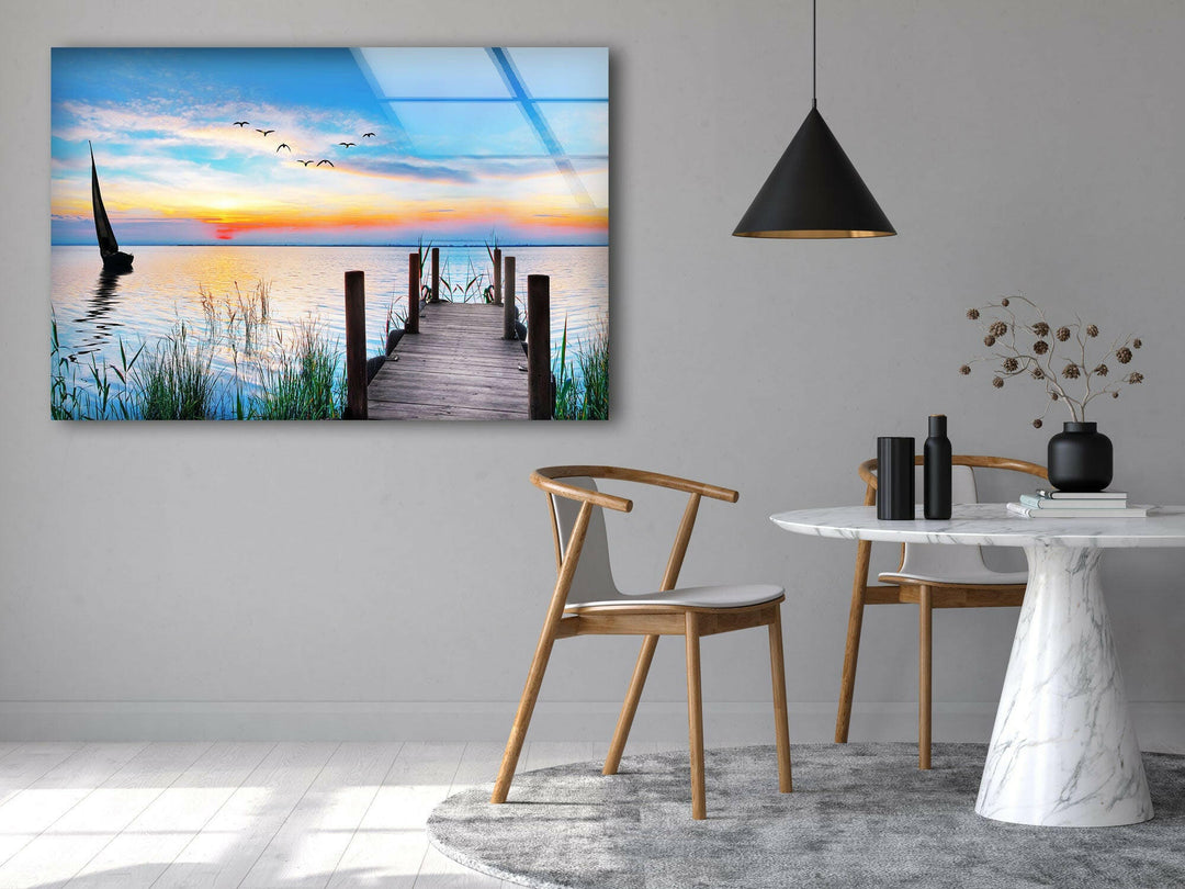 Sunset Birds Pier Glass Wall Art custom glass photo prints, large glass prints