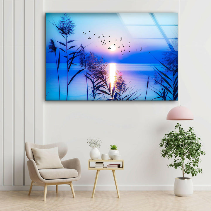 Blue Sunrise On Lake Glass Wall Art glass image printing, glass prints from photos