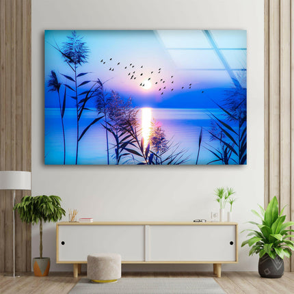 Blue Sunrise On Lake Glass Wall Art