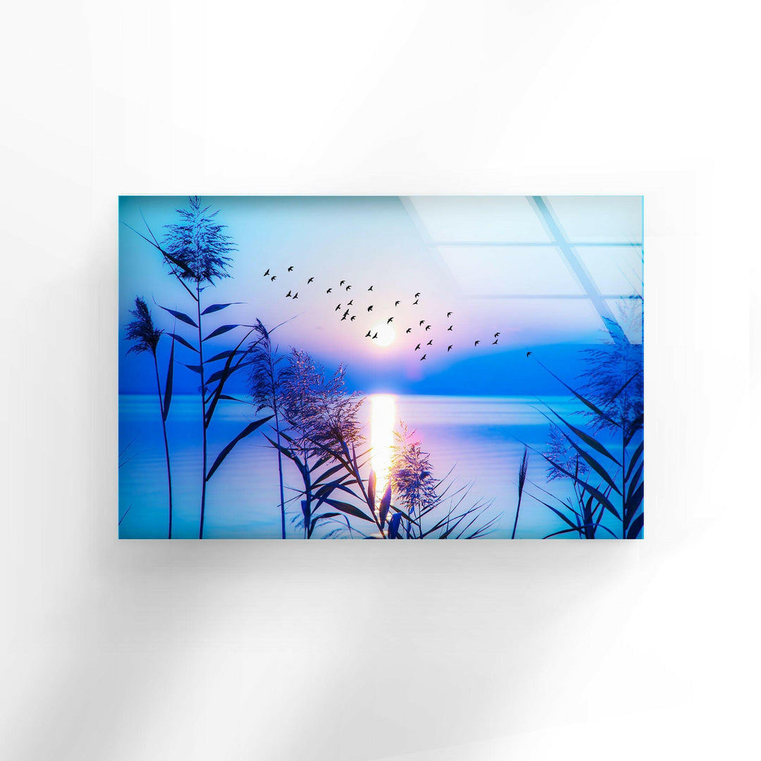 Blue Sunrise On Lake Glass Wall Art glass pictures for Wall, glass prints wall art