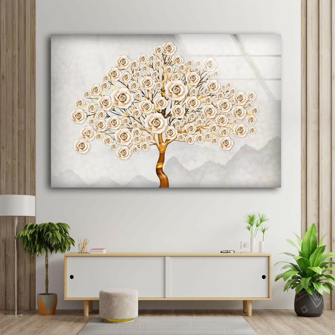 White Rosebush Glass Wall Art, art glass wall art, glass wall art pictures