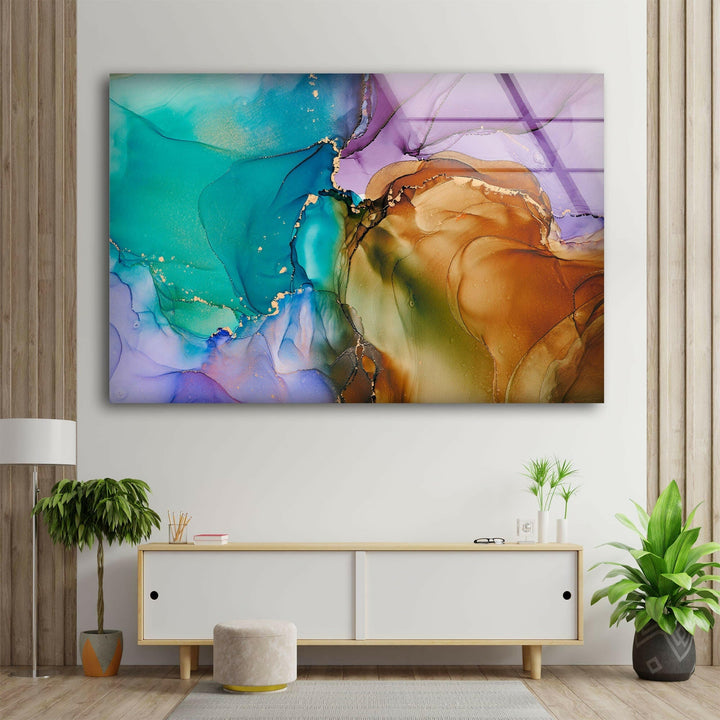 Green Purple Brown & Gold Abstract Glass Wall Art