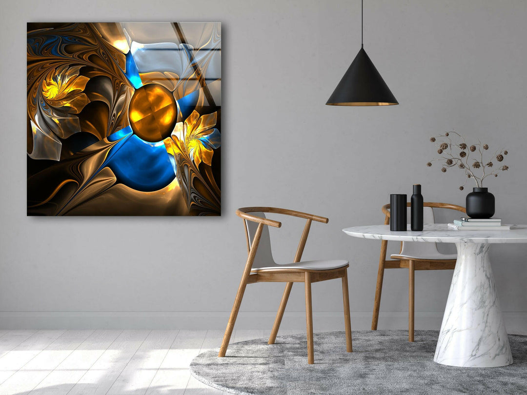 Abstract Blue&Gold Fractal Glass Wall Art, large glass photo prints, glass wall photos