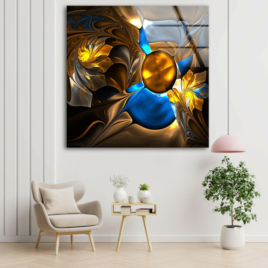 Abstract Blue&Gold Fractal Glass Wall Art, Glass Printing Wall Art, Print photos on glass