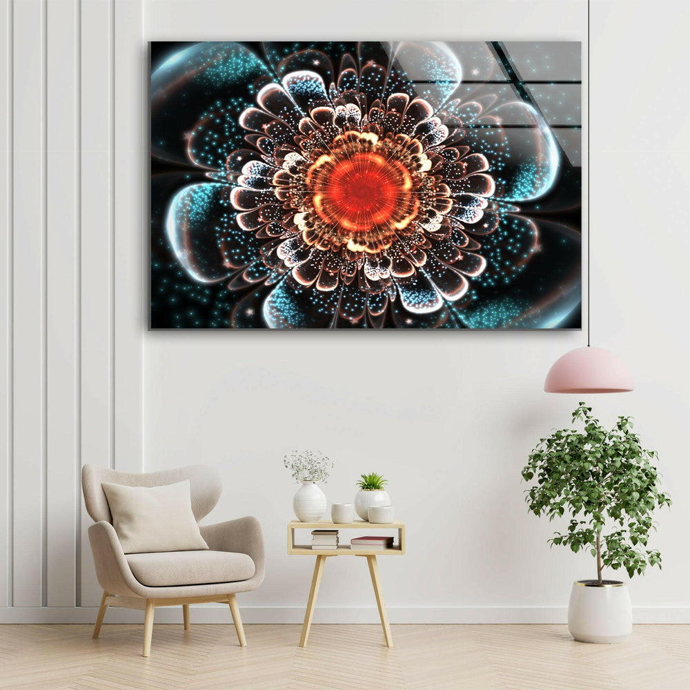 Orange-Blue Fractal Flower Glass Wall Art, picture on glass wall art, photos printed on glass