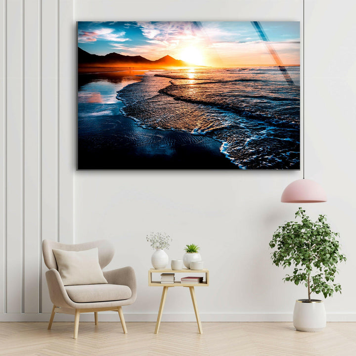 Beach at Sunset & Waves Glass Wall Art glass image printing, glass prints from photos