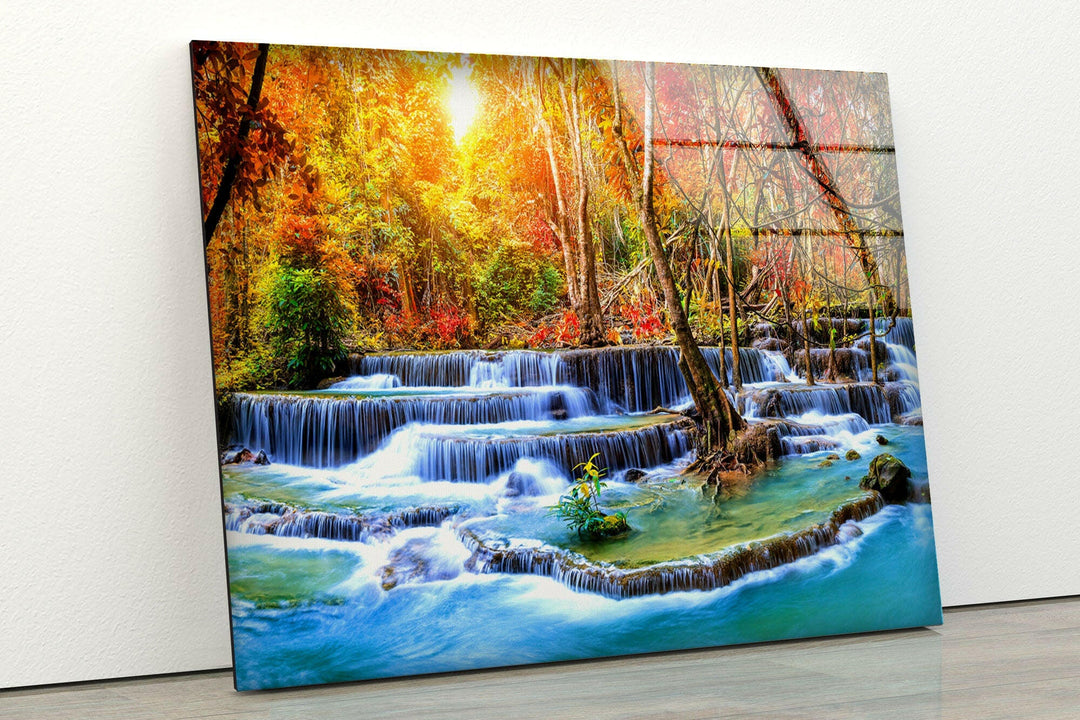 Waterfall in Autumn Forest Glass Wall Art