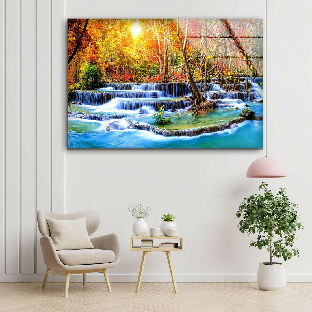 Waterfall in Autumn Forest Glass Wall Art