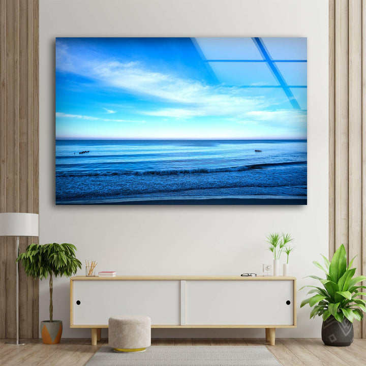 Blue Sea Landscape Glass Wall Art glass art painting, glass art for the Wall