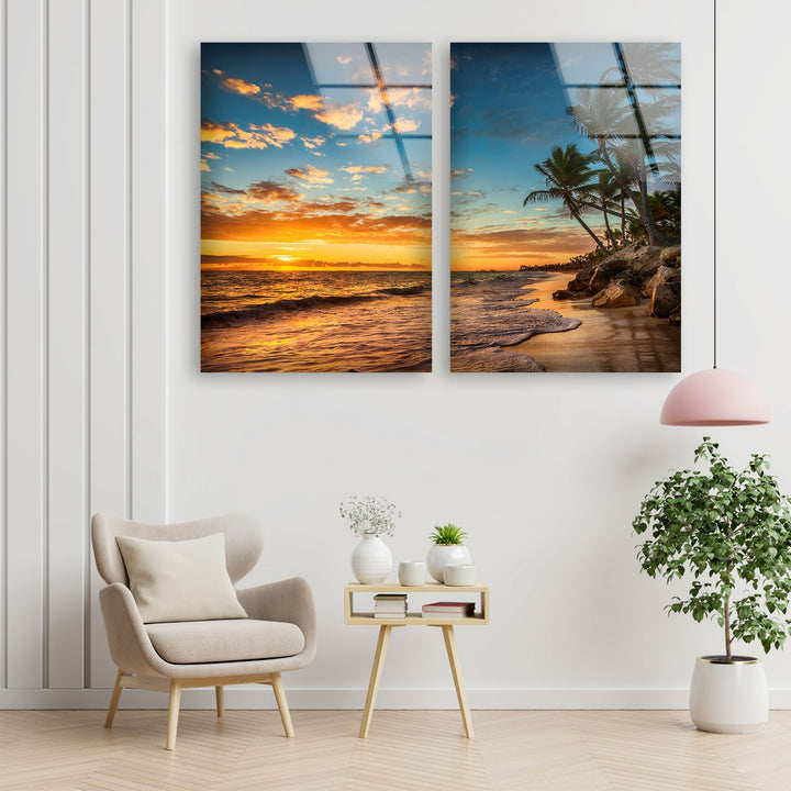 Tropical Island Beach Sunrise Landscape Glass Wall Art, large glass photo prints, glass wall photos