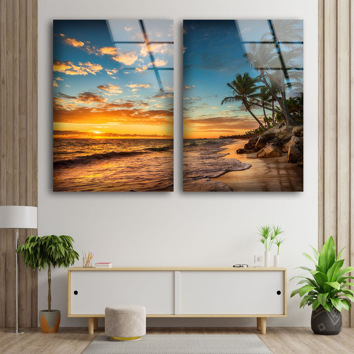 Tropical Island Beach Sunrise Landscape Glass Wall Art, custom glass pictures, glass art prints