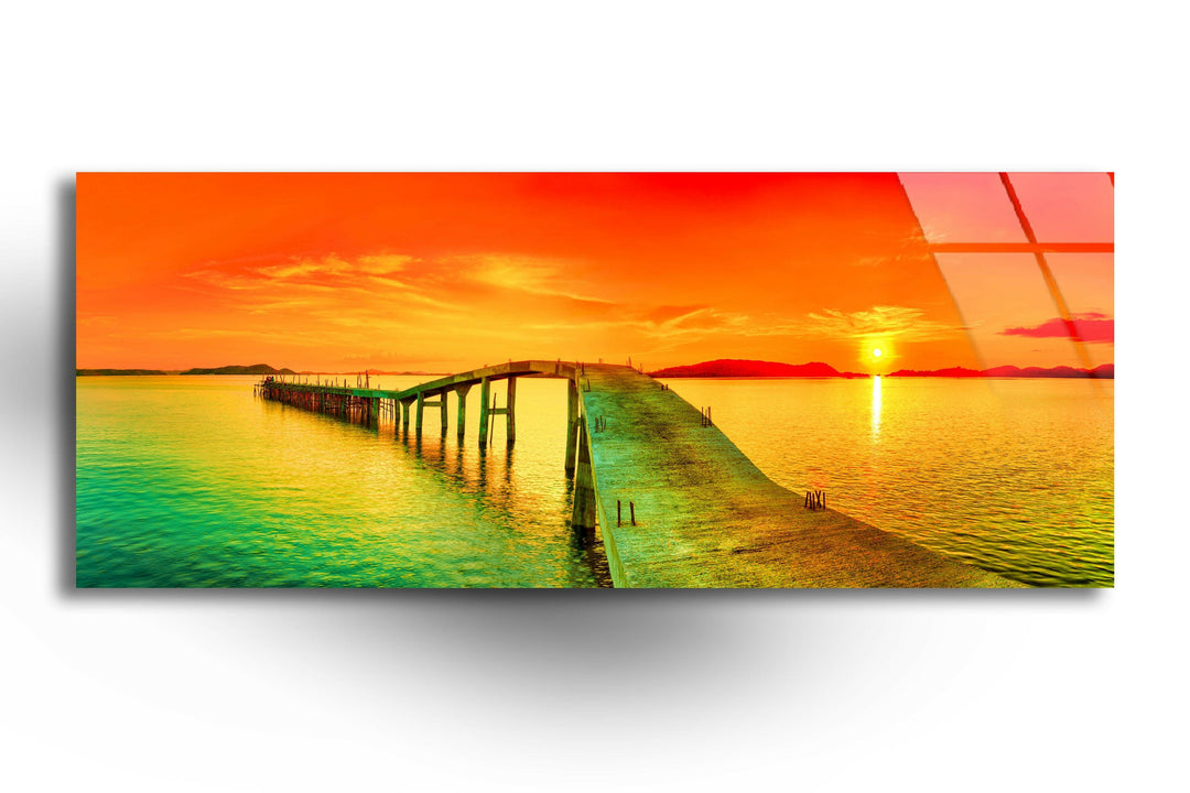 Pier and Sunset Seascape Glass Wall Art, glass pictures for Wall, glass prints wall art