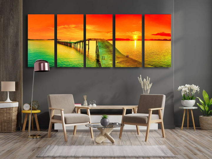 Pier and Sunset Seascape Glass Wall Art, glass image printing, glass prints from photos