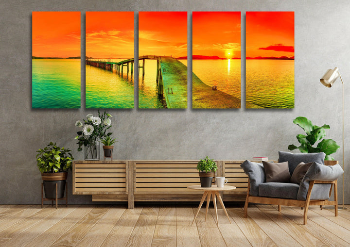 Pier and Sunset Seascape Glass Wall Art, custom glass pictures, glass art prints