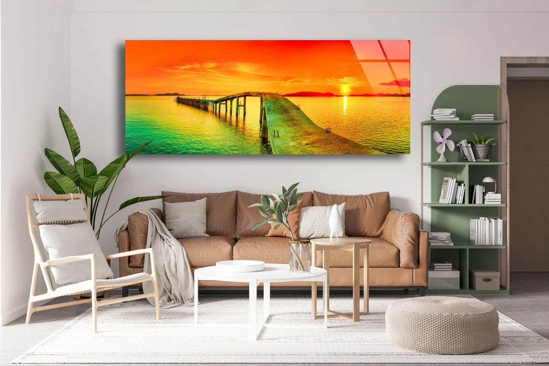 Pier and Sunset Seascape Glass Wall Art, photo print on glass, prints on glass wall art