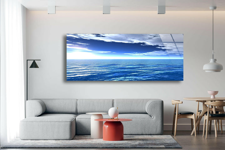 Ocean and Blue Sky Glass Wall Art, glass art painting, glass art for the Wall