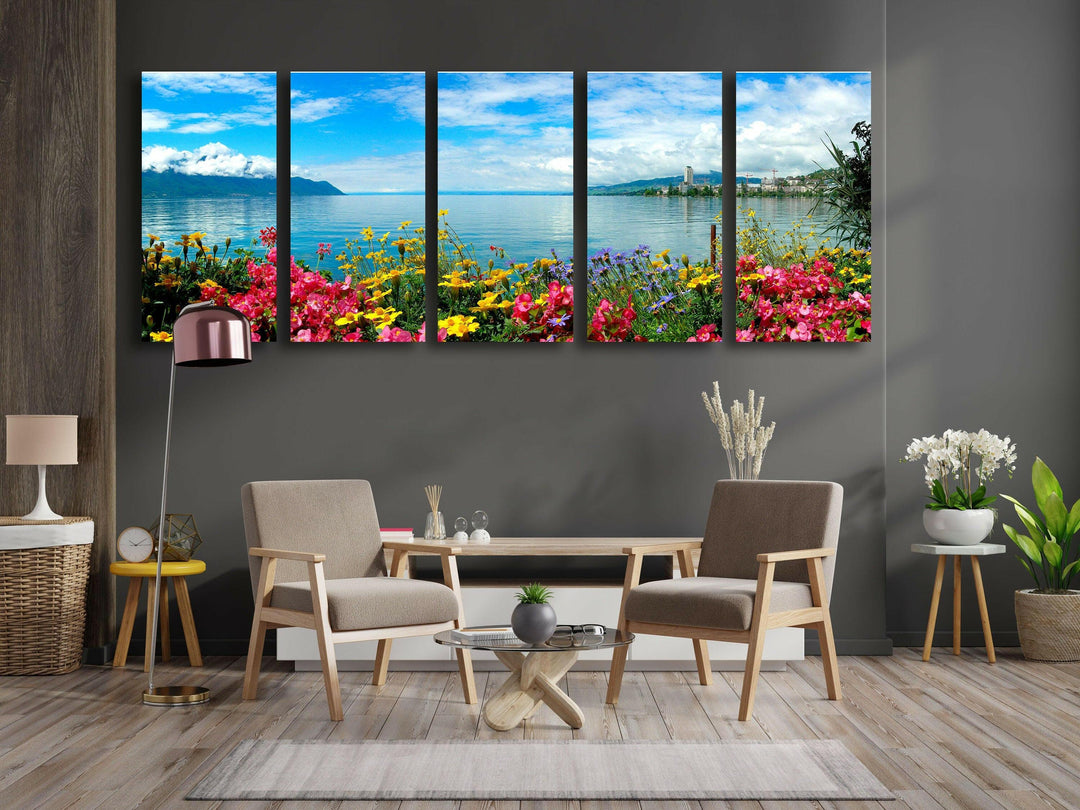 Floral Lake Landscape Glass Wall Art, custom glass pictures, glass art prints