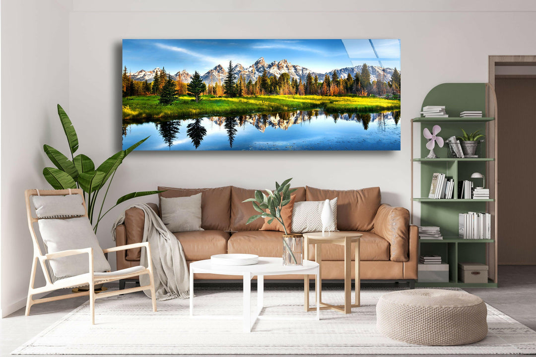 Grand Teton Lake&Nature Landscape Glass Wall Art, glass art painting, glass art for the Wall