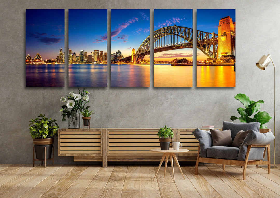 Harbour Bridge Night Cityscape Glass Wall Art, photo print on glass, prints on glass wall art