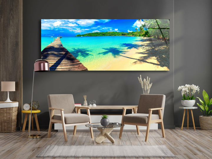 Tropical Beach and Dock Glass Wall Art, glass wall decor, glass wall art decor