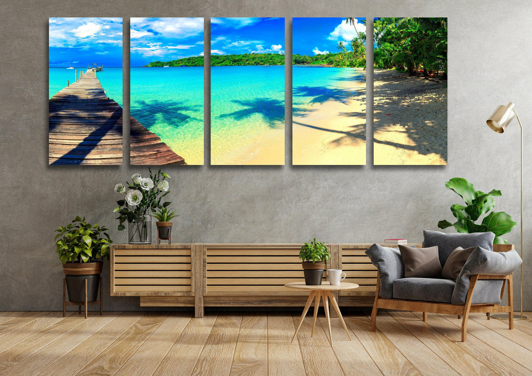 Tropical Beach and Dock Glass Wall Art, glass art painting, glass art for the Wall