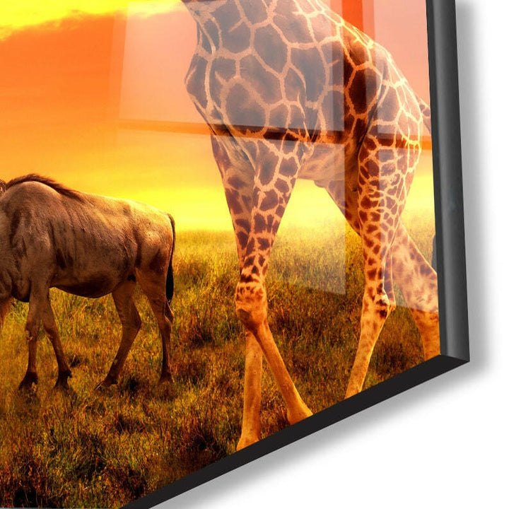 Elephants & Giraffe At Savanna Glass Wall Art, custom glass photo prints, large glass prints