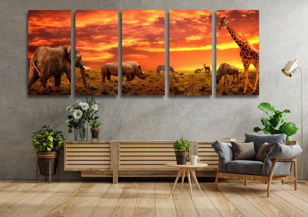 Elephants & Giraffe At Savanna Glass Wall Art, large glass photo prints, glass wall photos