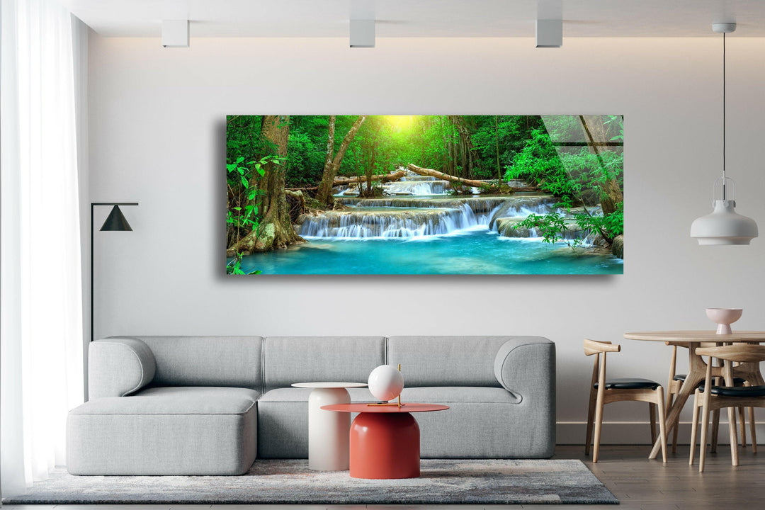 Waterfall In Tropical Forest Glass Wall Art, picture on glass wall art, photos printed on glass