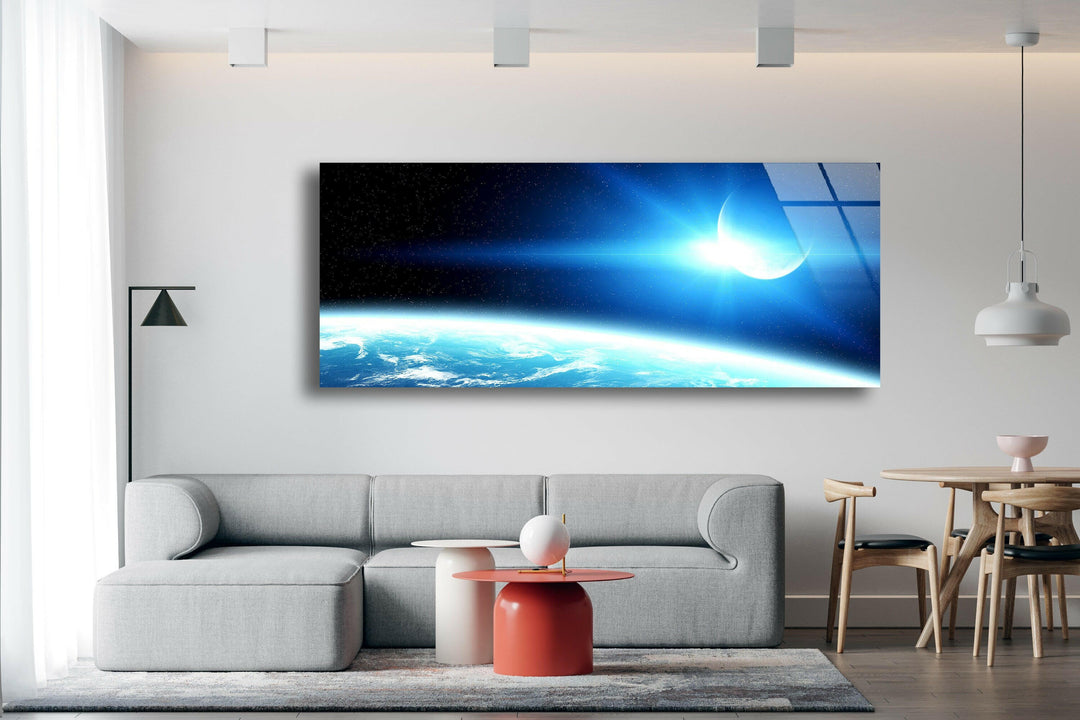 Blue Earth&Moon Sunrise Glass Wall Art, custom glass pictures, glass art prints