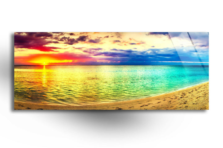 Colorful Sunset & Beach Landscape Glass Wall Art, custom glass pictures, glass art prints