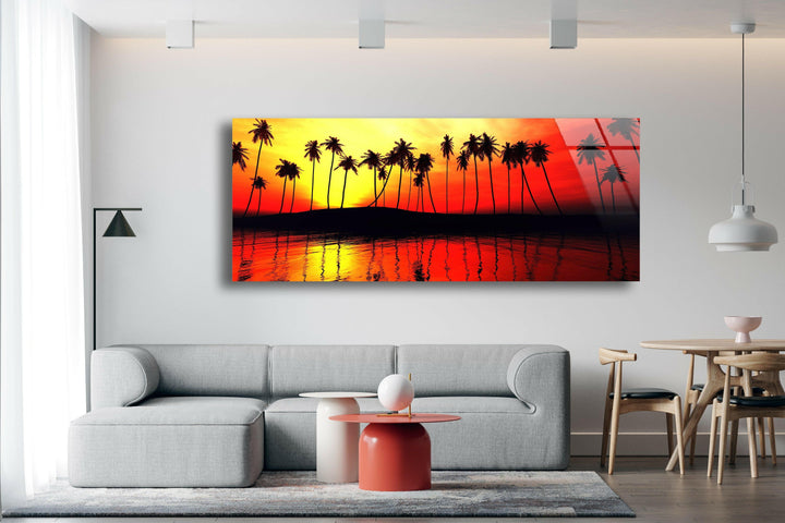 Palm Trees & Sunset Glass Wall Art, print picture on glass, Tempered Glass Wall Art