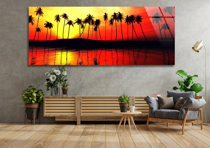 Palm Trees & Sunset Glass Wall Art, picture on glass wall art, photos printed on glass