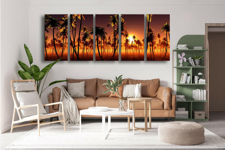 Palm Trees & Sun Setting Landscape Glass Wall Art, glass wall decor, glass wall art decor