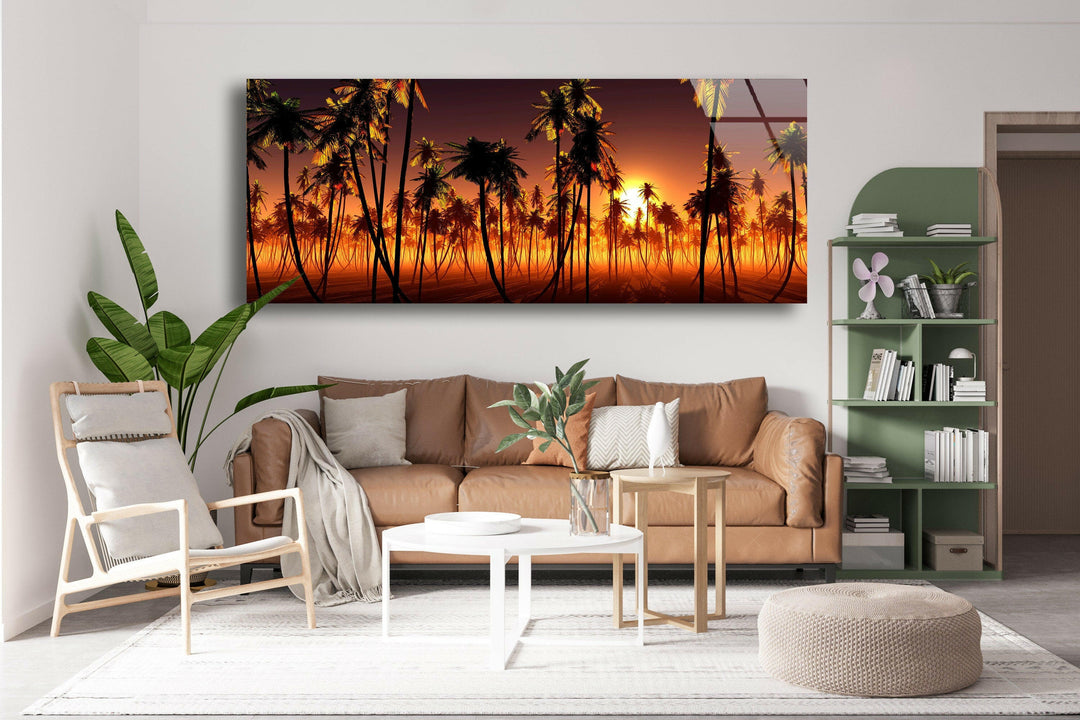 Palm Trees & Sun Setting Landscape Glass Wall Art, picture on glass wall art, photos printed on glass