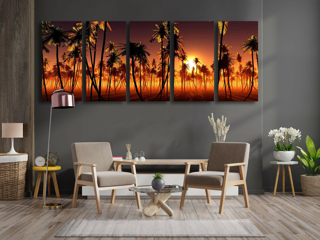 Palm Trees & Sun Setting Landscape Glass Wall Art, print on glass, glass printed photos