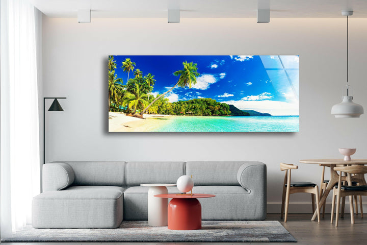 Tropical Beach With Palms Landscape Glass Wall Art, glass wall decor, glass wall art decor