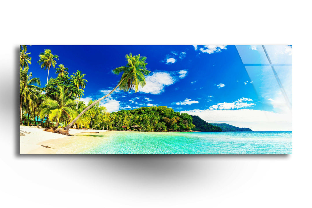 Tropical Beach With Palms Landscape Glass Wall Art, glass photo prints, glass picture prints