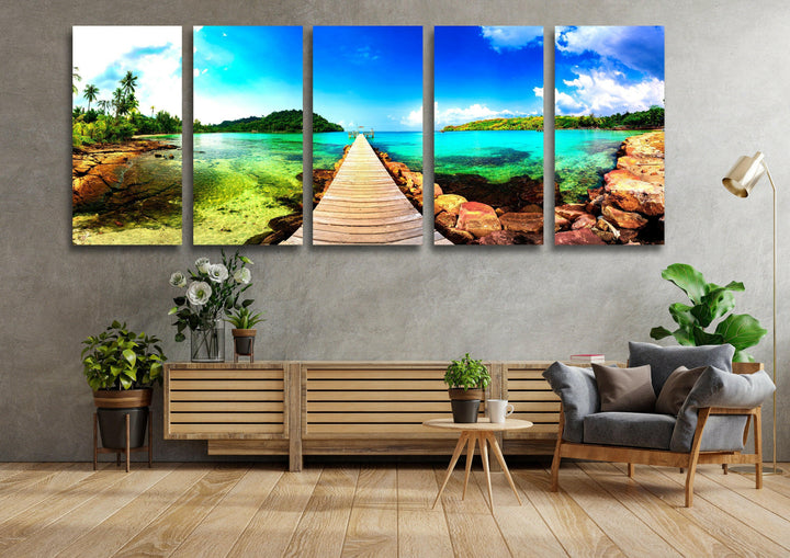 Tropical Beach With Wooden Dock Glass Wall Art, glass photo prints, glass picture prints