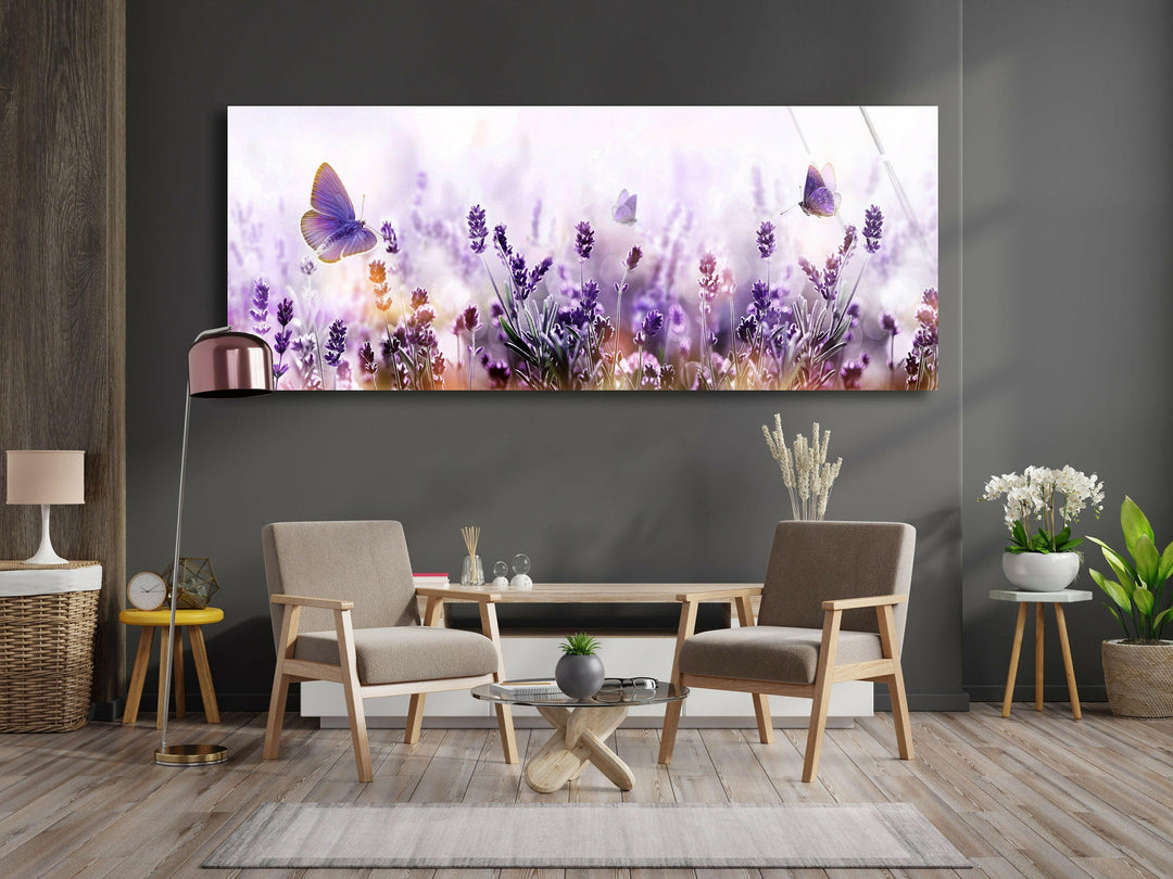 Lavender Garden & Flying Butterflies Glass Wall Art, picture on glass wall art, photos printed on glass