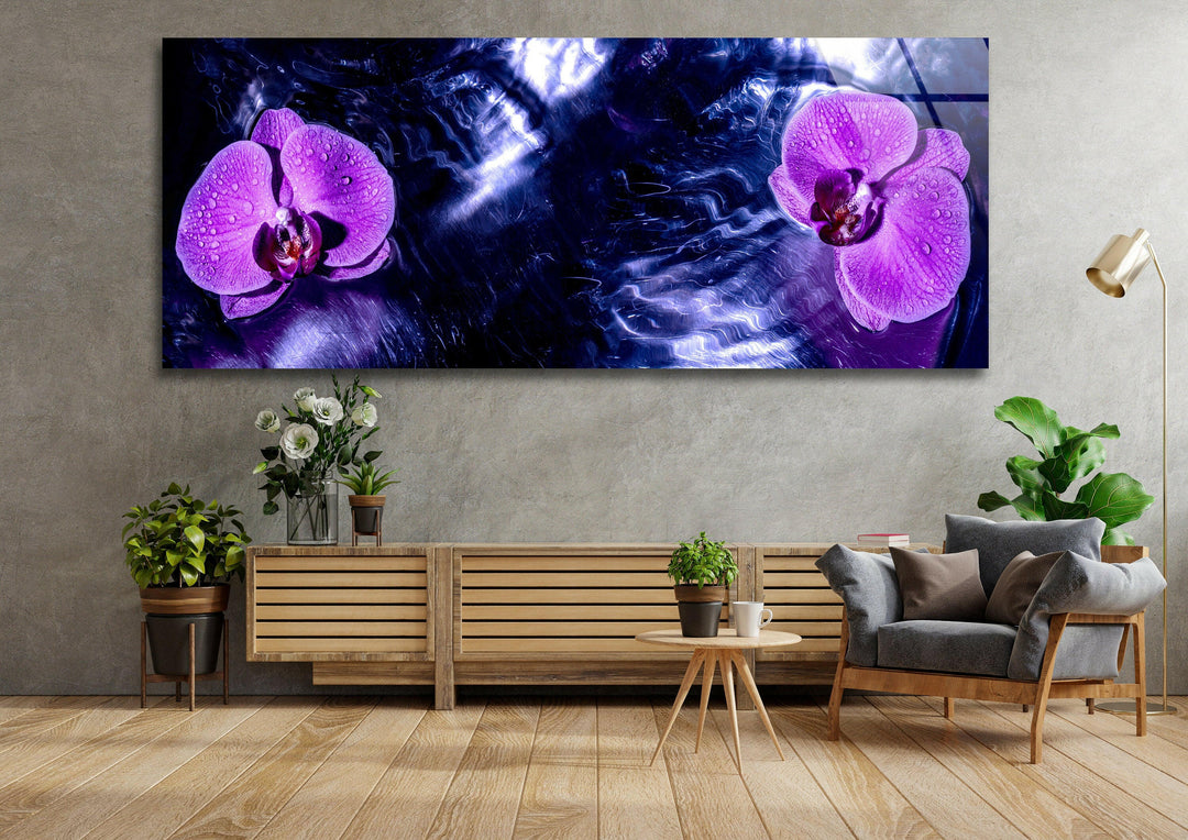 Purple Blooming Orchid Glass Wall Art, custom glass photo prints, large glass prints