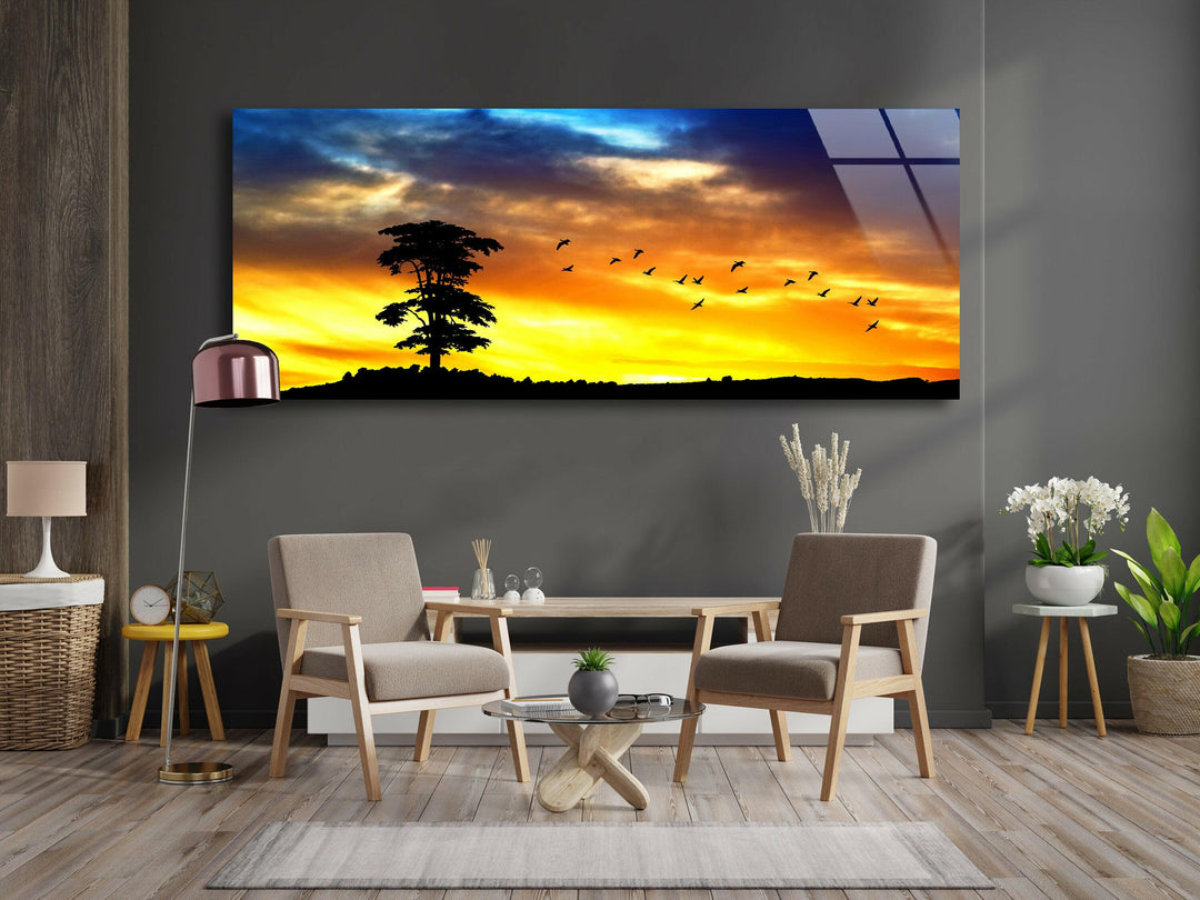 Sunset Nature Silhouette Glass Wall Art, print picture on glass, Tempered Glass Wall Art