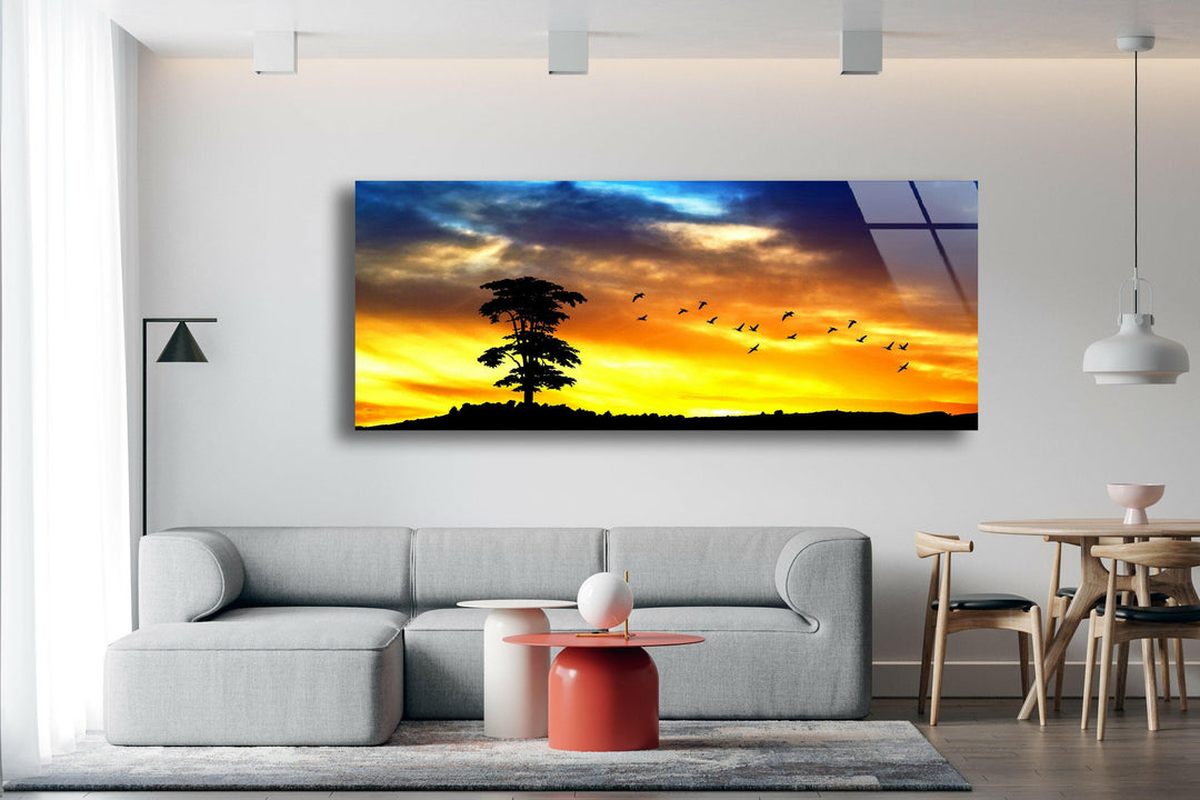 Sunset Nature Silhouette Glass Wall Art, glass art painting, glass art for the Wall