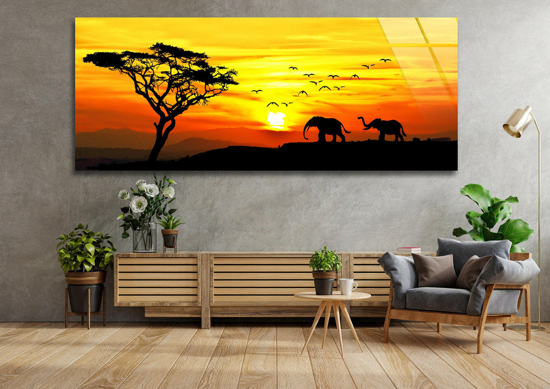 Savanna Sunset & Elephant Glass Wall Art, glass wall decor, glass wall art decor