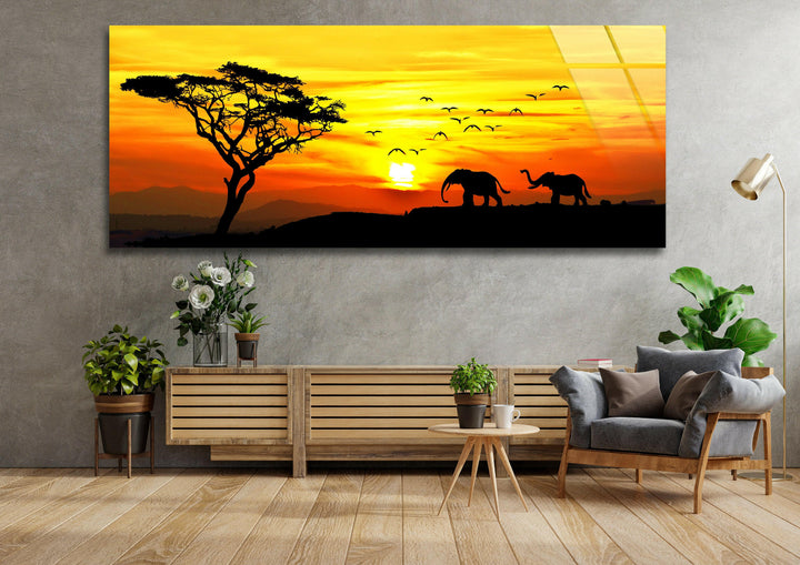 Savanna Sunset & Elephant Glass Wall Art, glass wall decor, glass wall art decor