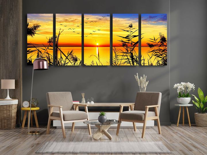 Sunrise On Calm Lake Glass Wall Art, glass art painting, glass art for the Wall