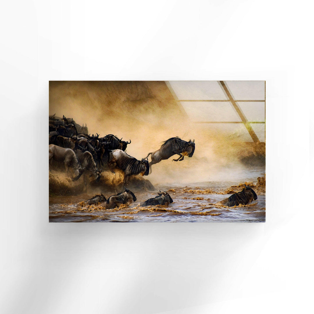 Wildebeests Running on Safari Glass Wall Art picture on glass wall art, photos printed on glass