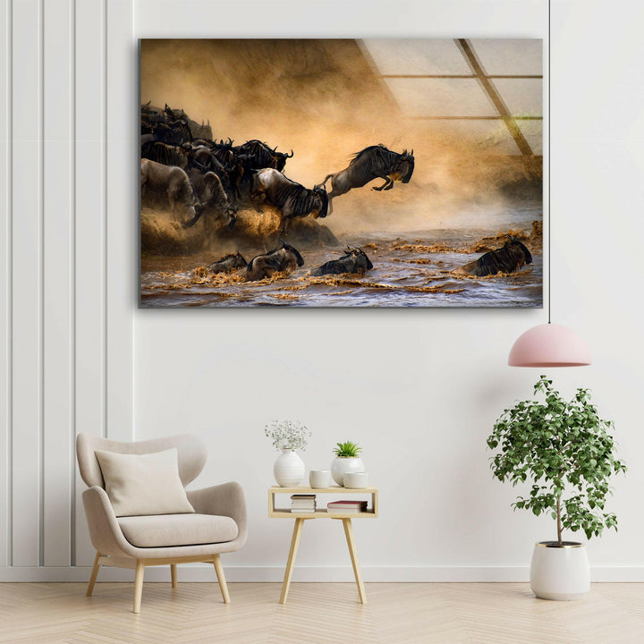 Wildebeests Running on Safari Glass Wall Art  glass pictures for Wall, glass prints wall art