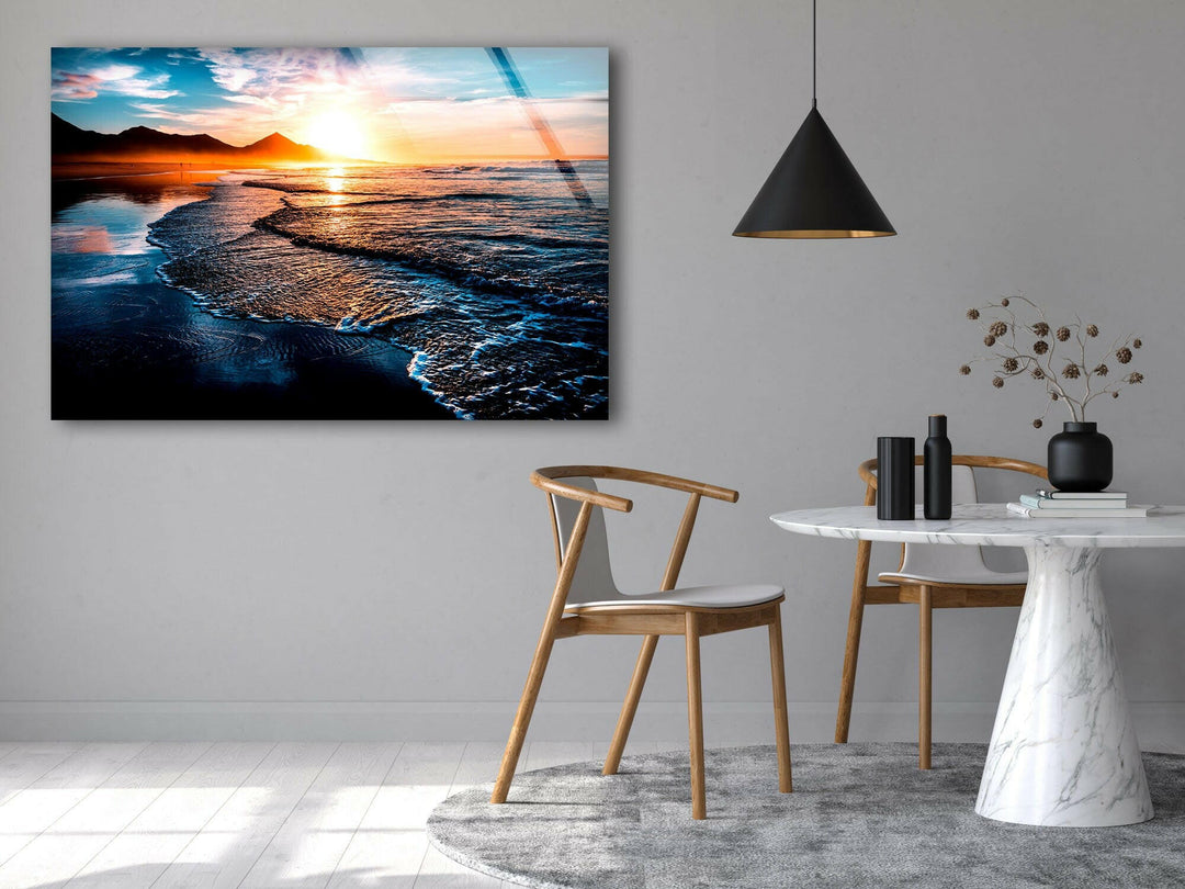 Beach at Sunset & Waves Glass Wall Art custom glass pictures, glass art prints